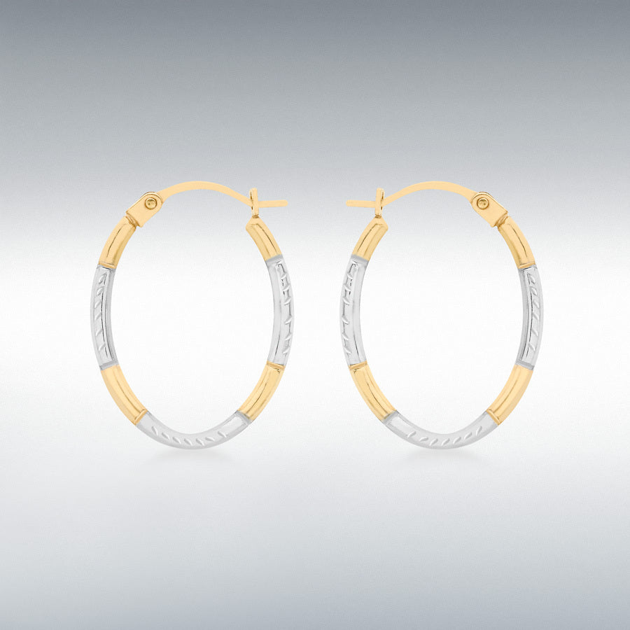 9ct 2-Colour Gold Diamond Cut Oval Creole Earrings