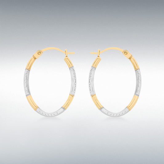 9ct 2-Colour Gold Diamond Cut Oval Creole Earrings