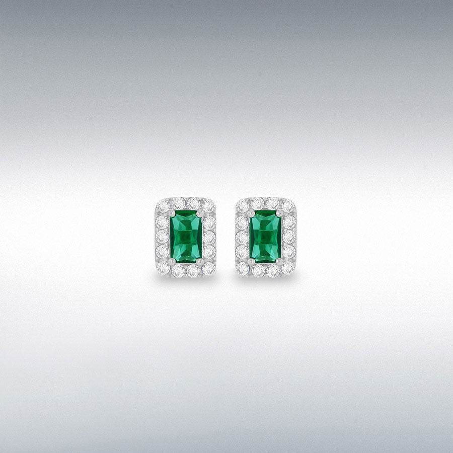 9ct White Gold Rectangle Nano Emerald and CZ Stud Earrings