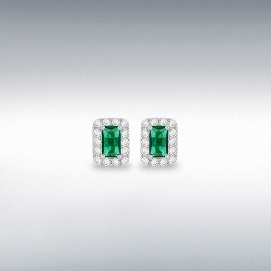 9ct White Gold Rectangle Nano Emerald and CZ Stud Earrings
