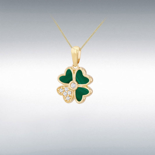 9ct Yellow Gold Synthetic Malachite and CZ Flower Pendant