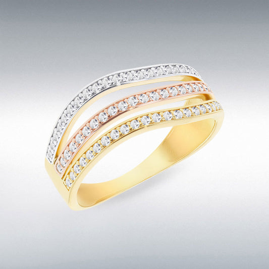 9ct 3-Colour Gold CZ Wave Ring