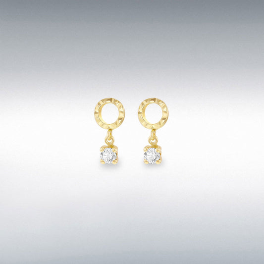 9ct Yellow Gold Diamond Cut Circle with CZ Drop Stud Earrings