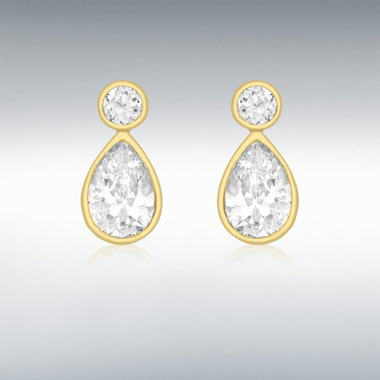9ct Yellow Gold Round CZ and Teardrop CZ Stud Earrings