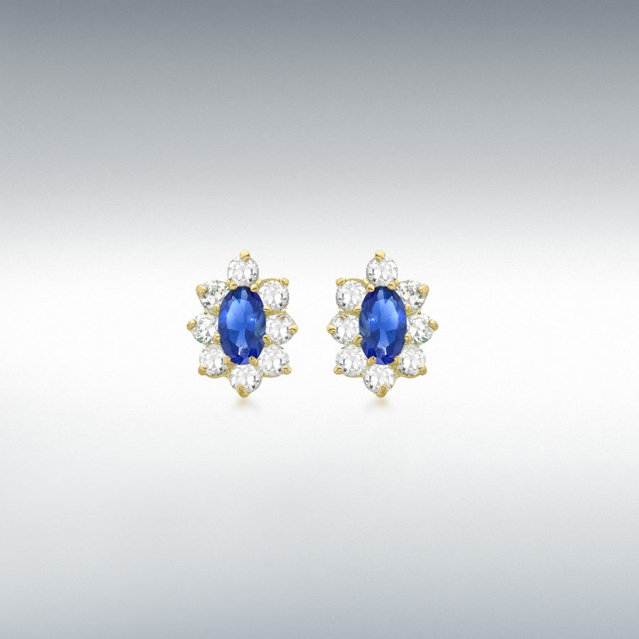 9ct Yellow Gold Oval Blue and Round White CZ Flower Cluster Stud Earrings