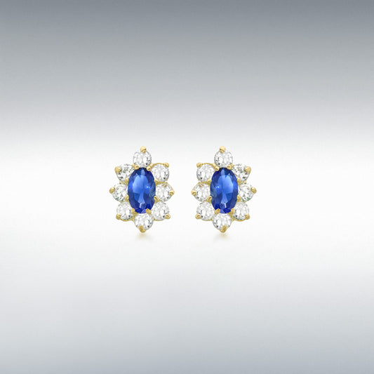 9ct Yellow Gold Oval Blue and Round White CZ Flower Cluster Stud Earrings