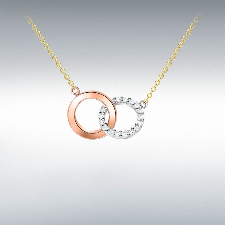 9ct 3-Colour Gold CZ Linked-Rings Necklace