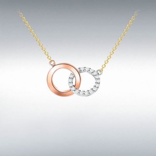 9ct 3-Colour Gold CZ Linked-Rings Necklace