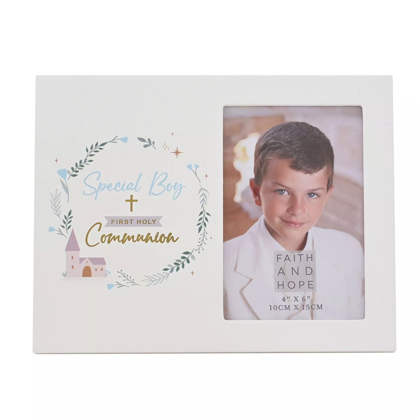 Faith & Hope Wreath Frame 4" x 6" - First Communion Boy