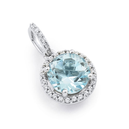 Blue Topaz and Diamond Halo Pendant