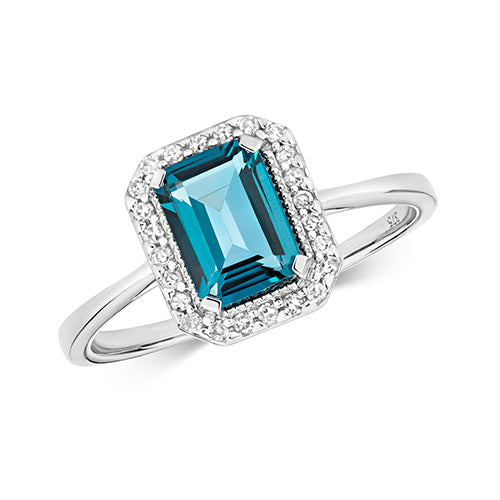 9ct WHITE GOLD DIAMOND AND LONDON BLUE TOPAZ RING