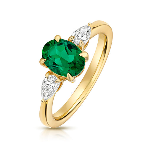 LAB GROWN OVAL EMERALD AND PEAR SHAPE DIAMOND RING IN 9CT GOLD