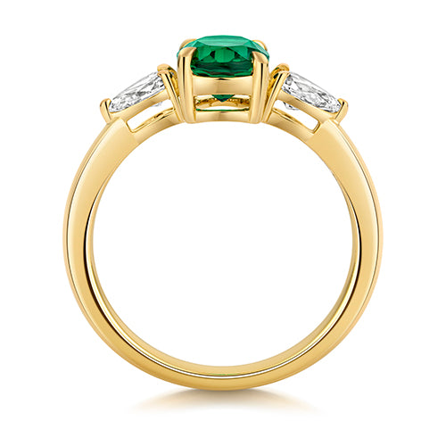 LAB GROWN OVAL EMERALD AND PEAR SHAPE DIAMOND RING IN 9CT GOLD