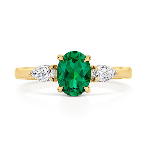 LAB GROWN OVAL EMERALD AND PEAR SHAPE DIAMOND RING IN 9CT GOLD