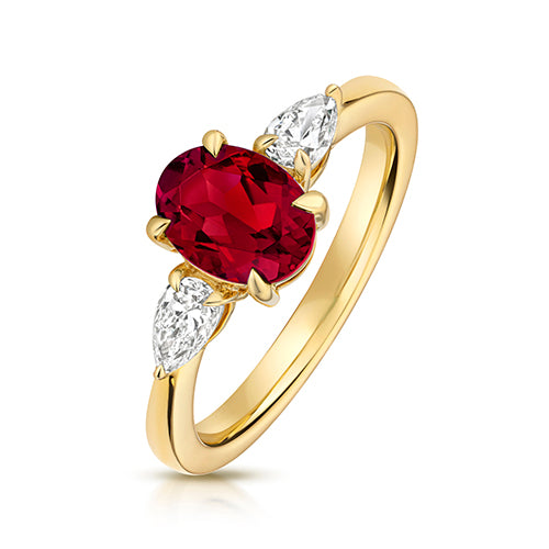 LAB GROWN OVAL RUBY AND PEAR SHAPE DIAMOND RING IN 9CT GOLD