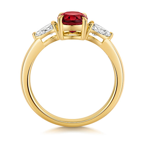 LAB GROWN OVAL RUBY AND PEAR SHAPE DIAMOND RING IN 9CT GOLD