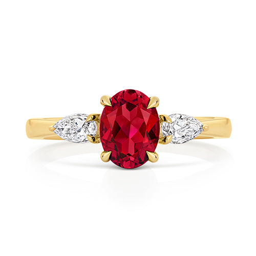 LAB GROWN OVAL RUBY AND PEAR SHAPE DIAMOND RING IN 9CT GOLD