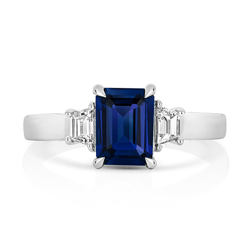 LAB GROWN EMERALD CUT SAPPHIRE AND BAGUETTE DIAMOND RING
