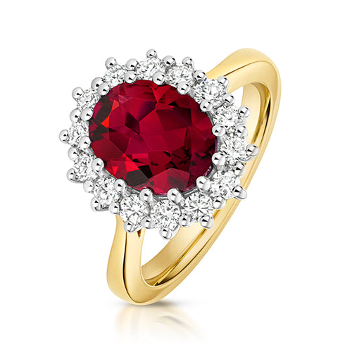 LAB GROWN RUBY AND DIAMOND HALO RING IN 9CT GOLD