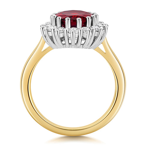 LAB GROWN RUBY AND DIAMOND HALO RING IN 9CT GOLD