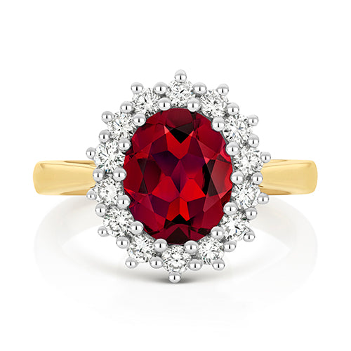 LAB GROWN RUBY AND DIAMOND HALO RING IN 9CT GOLD