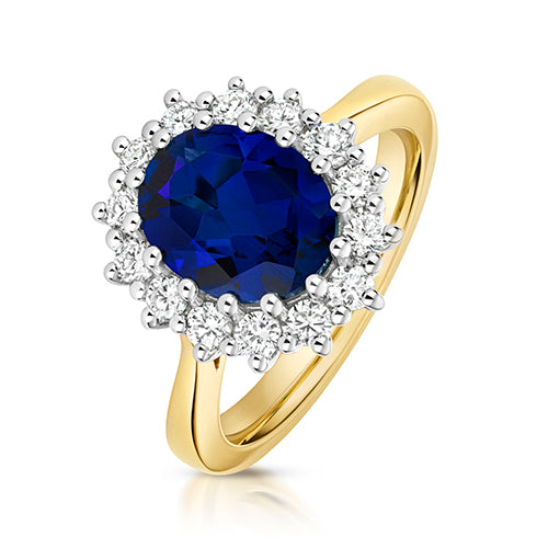 LAB GROWN SAPPHIRE AND DIAMOND HALO RING IN 9CT GOLD