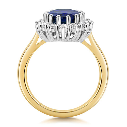 LAB GROWN SAPPHIRE AND DIAMOND HALO RING IN 9CT GOLD