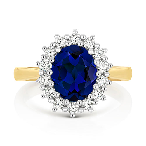 LAB GROWN SAPPHIRE AND DIAMOND HALO RING IN 9CT GOLD
